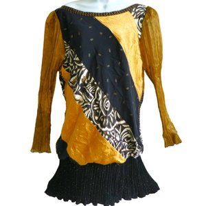 Jeanne Marc Vintage 80s Cocktail Dress Black Gold Drop Waist Accordion Skirt M